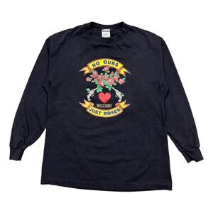 Vintage 90s Moschino Jeans No Guns Only Roses Logo Black L/S T Shirt Mens Large